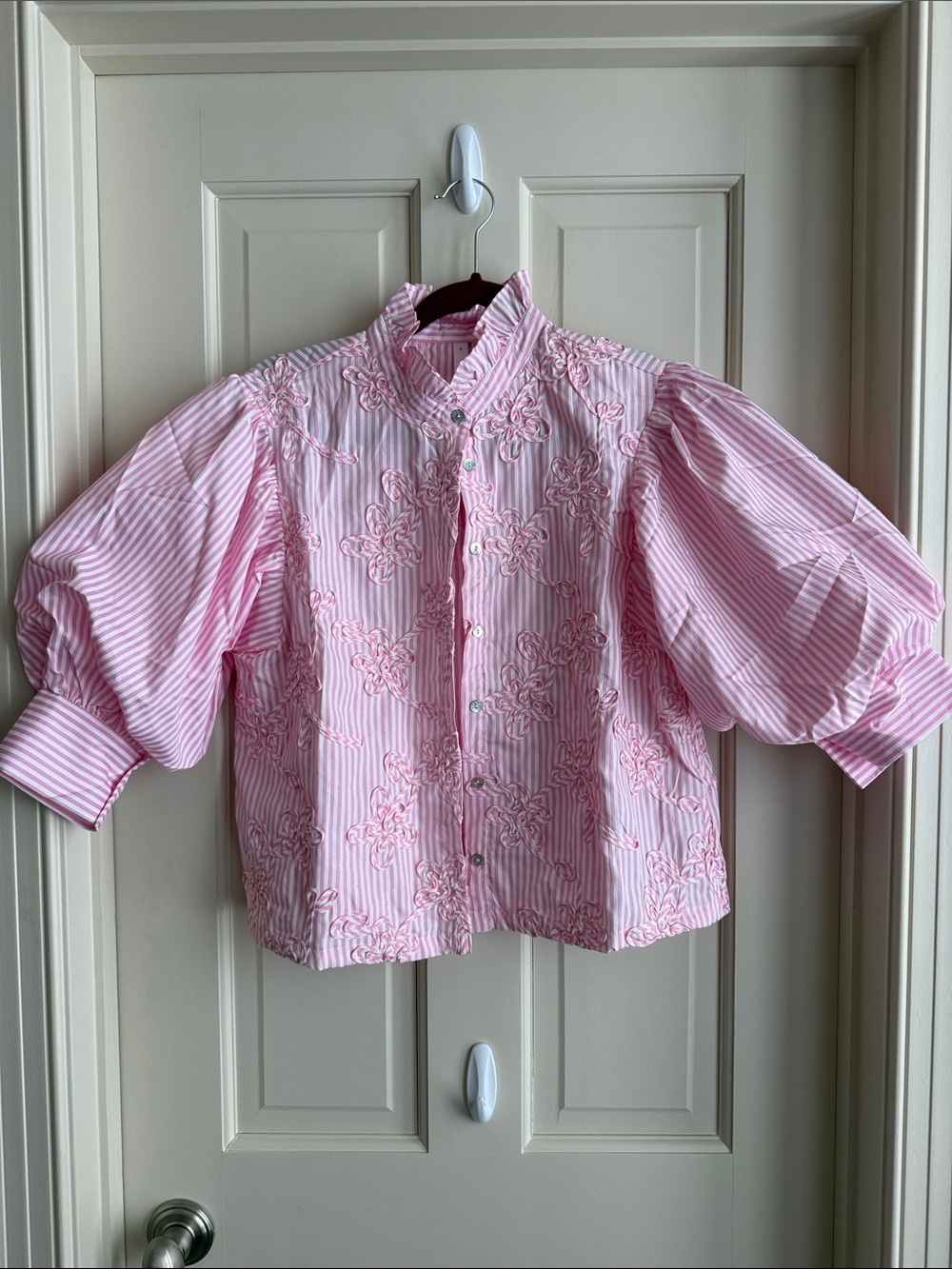 Pink Striped Puff-Sleeve Women’s  Blouse